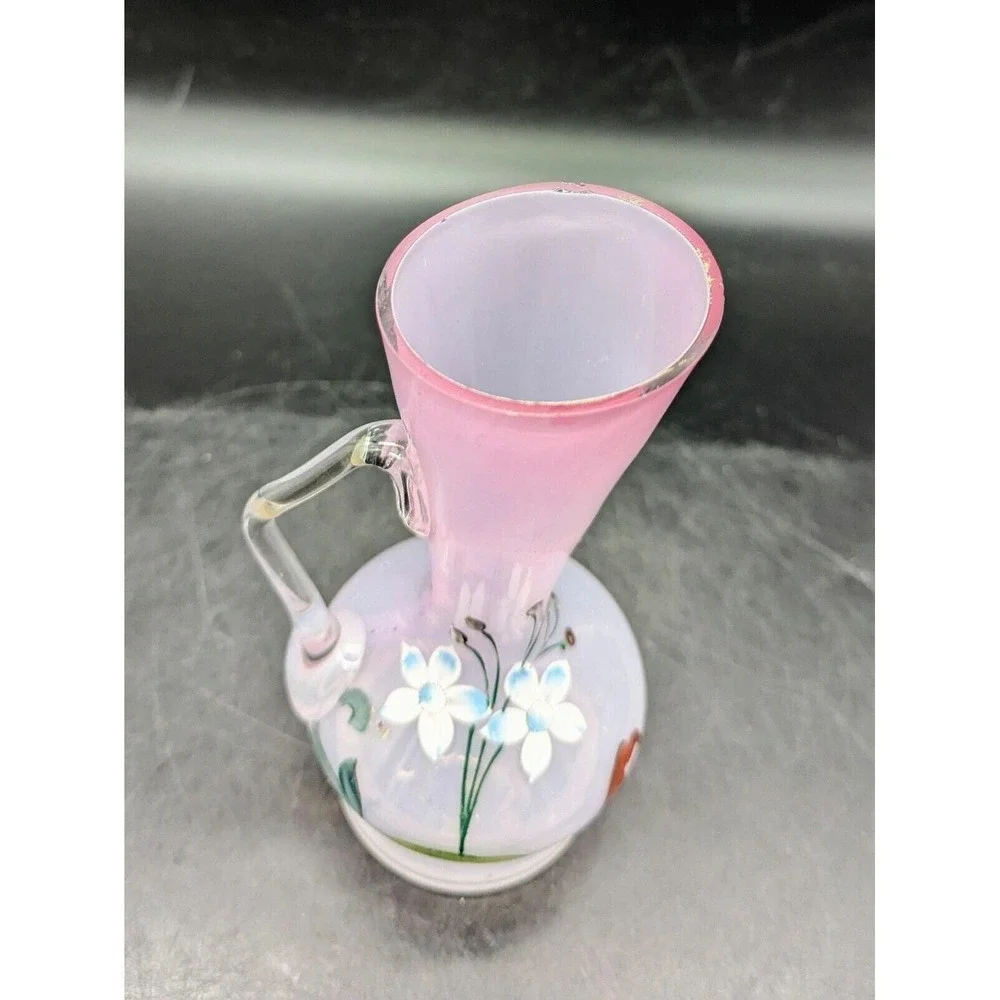 Antique Hand Painted Enameled Victorian Art Glass Pitcher Ewer Pink 6.75
